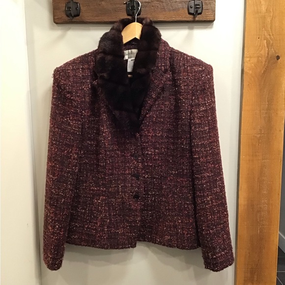 Vintage Jones NY Womens Tweed Wool Blazer Size L Faux Fur Collar Boucle Jacket - Picture 8 of 16